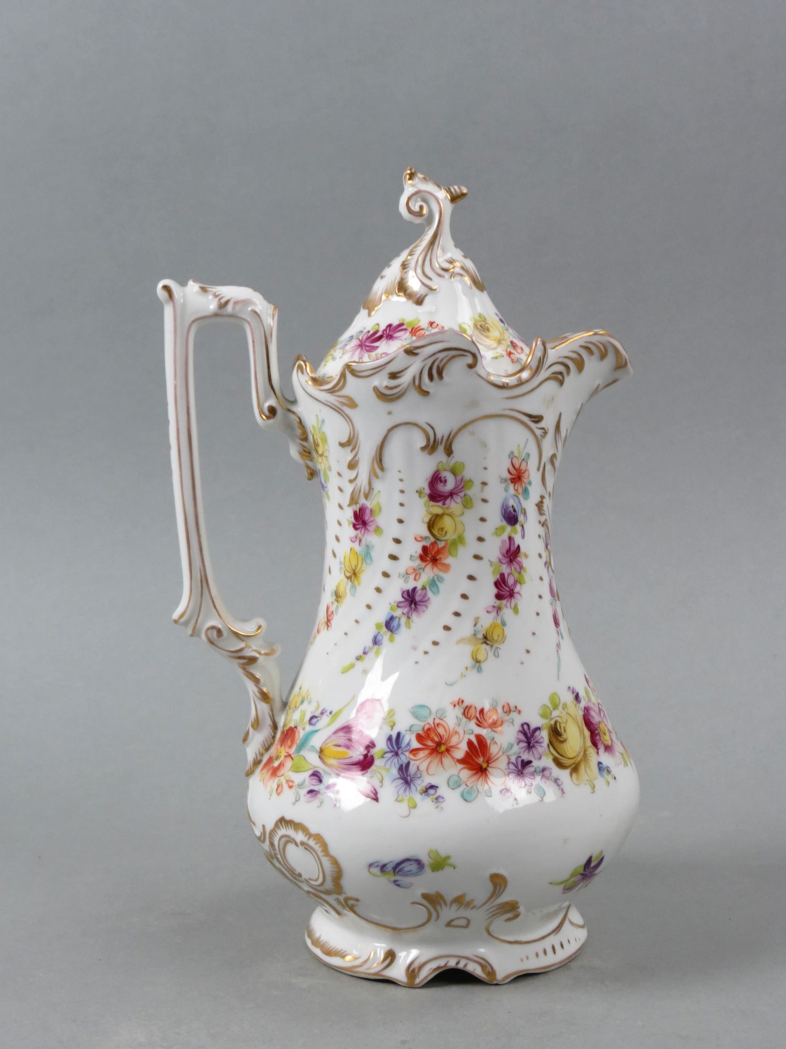 Dresden Porcealin Chocolate Pot, hand painted floral garland decor, gold trim, 10  1/4", circa 1890, (1 of 5)