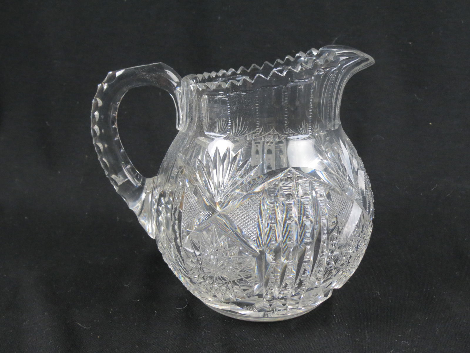 Brilliant Period Cut Glass Pitcher by Libbey, heavy cut work, bulbous shape, 8". (1 of 5)