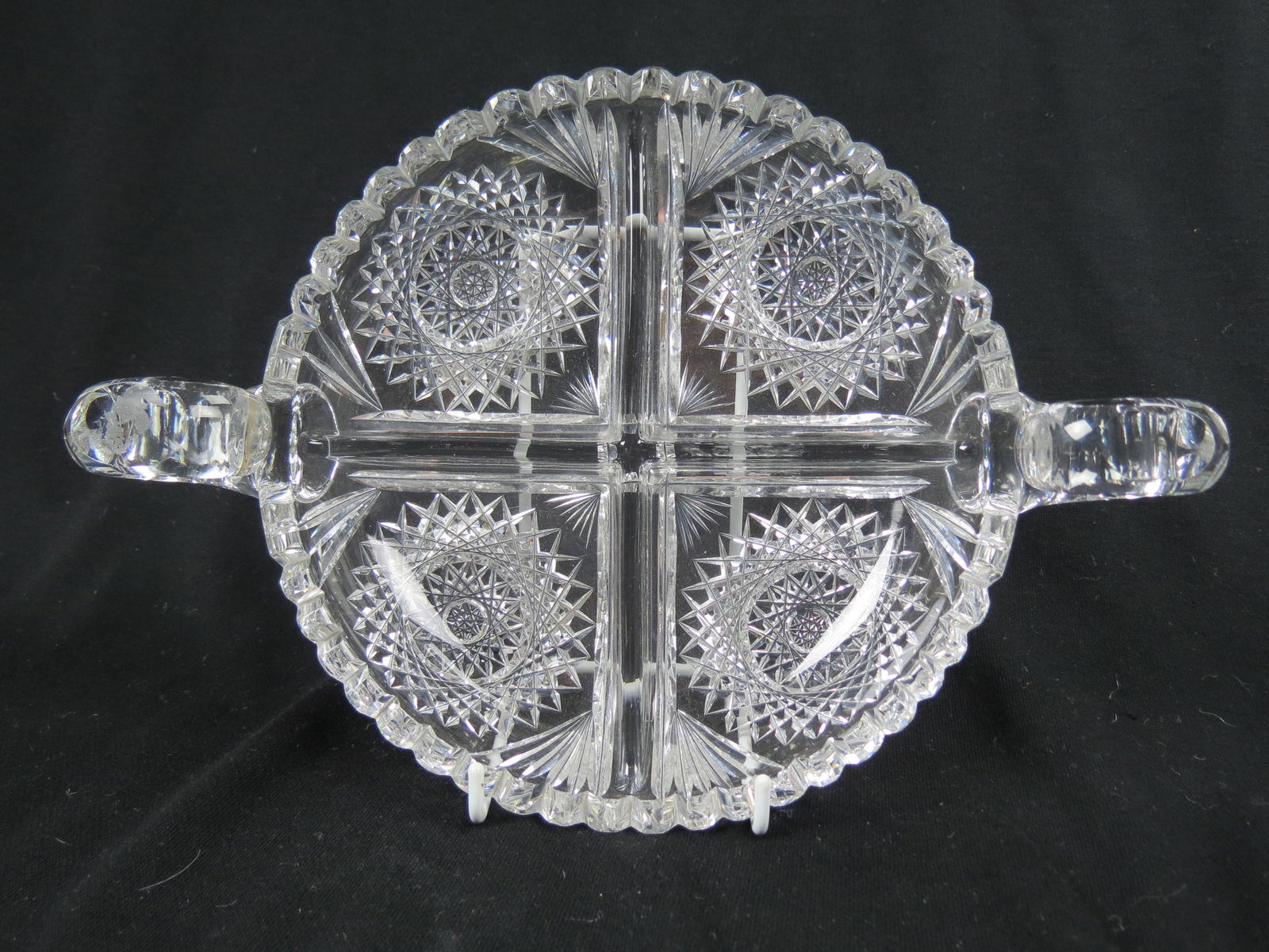Brilliant Period Cut Glass Divided Dish, double handled, four compartments, 8" diameter  (plus (1 of 4)