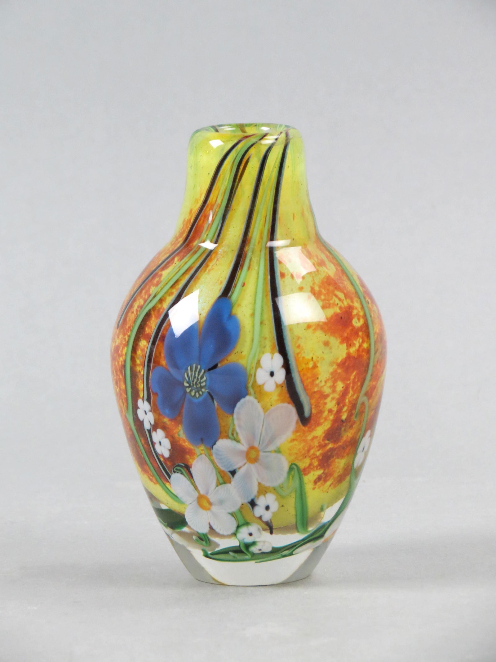 Orient & Flume Art Glass Paperweight Vase, multi-floral, yellow mottled interior, 5 1/2",  signed (1 of 4)