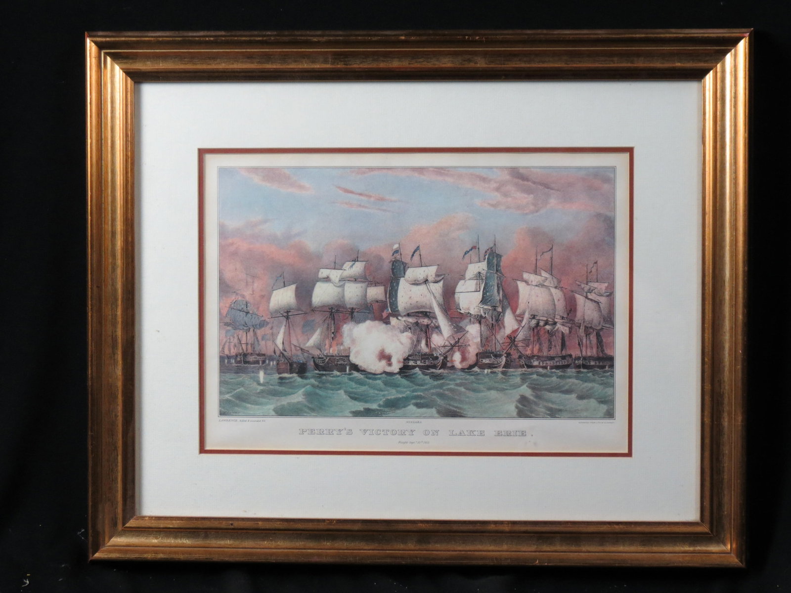 N. Currier Print "Perry's Victory on Lake Erie", image area 9" X 14" plus mat and gold frame.: N. Currier Print "Perry's Victory on Lake Erie", image area 9" X 14" plus mat and gold frame.