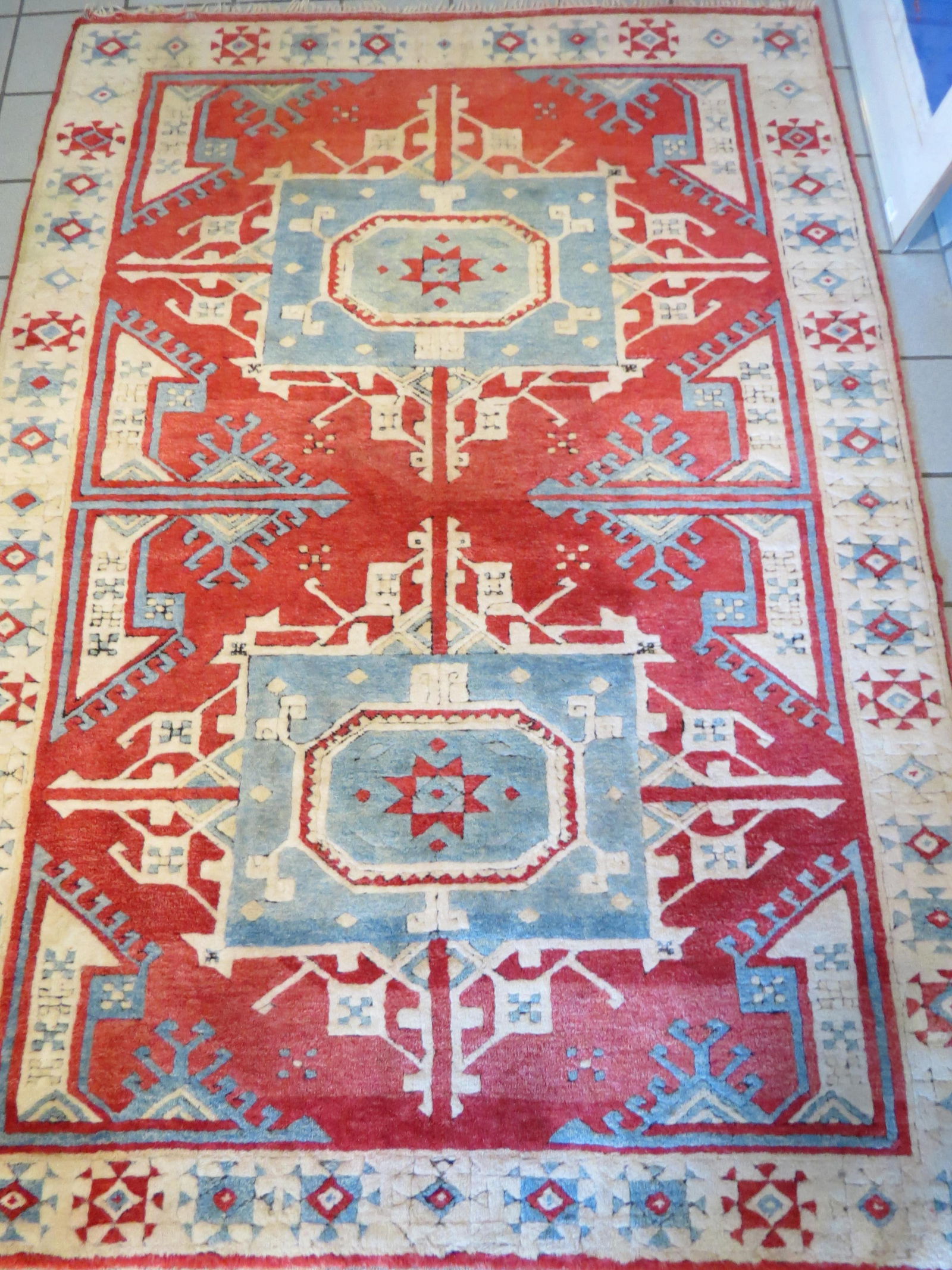 Kula Turkish Handmade Rug, geometric designs, soft blue, ivory and red, thick  pile, 4'9" X 6'7". (1 of 6)