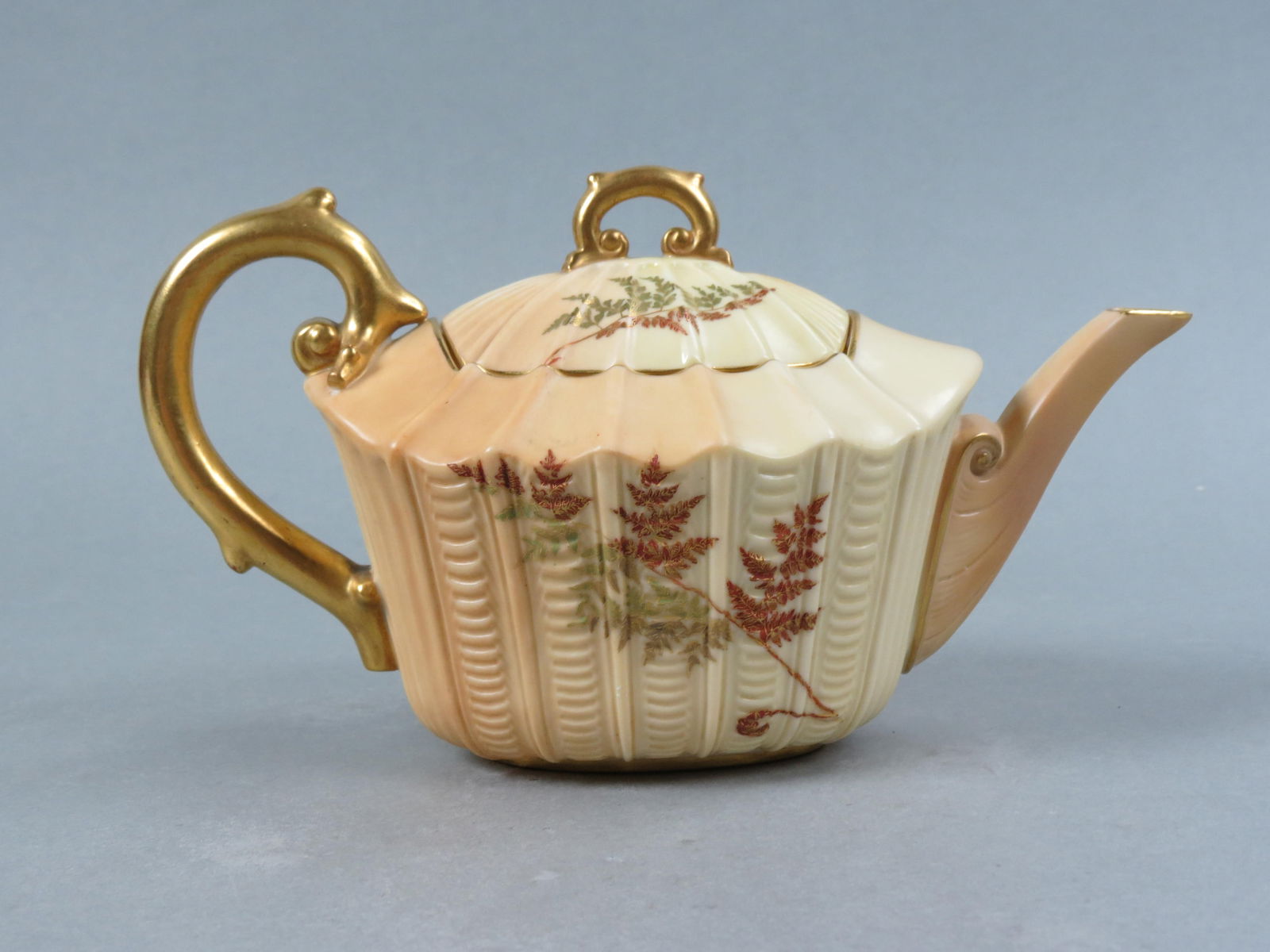 Royal Worcester Porcelain Teapot, fine floral and gold work on ivory field, drapery  style design (1 of 4)