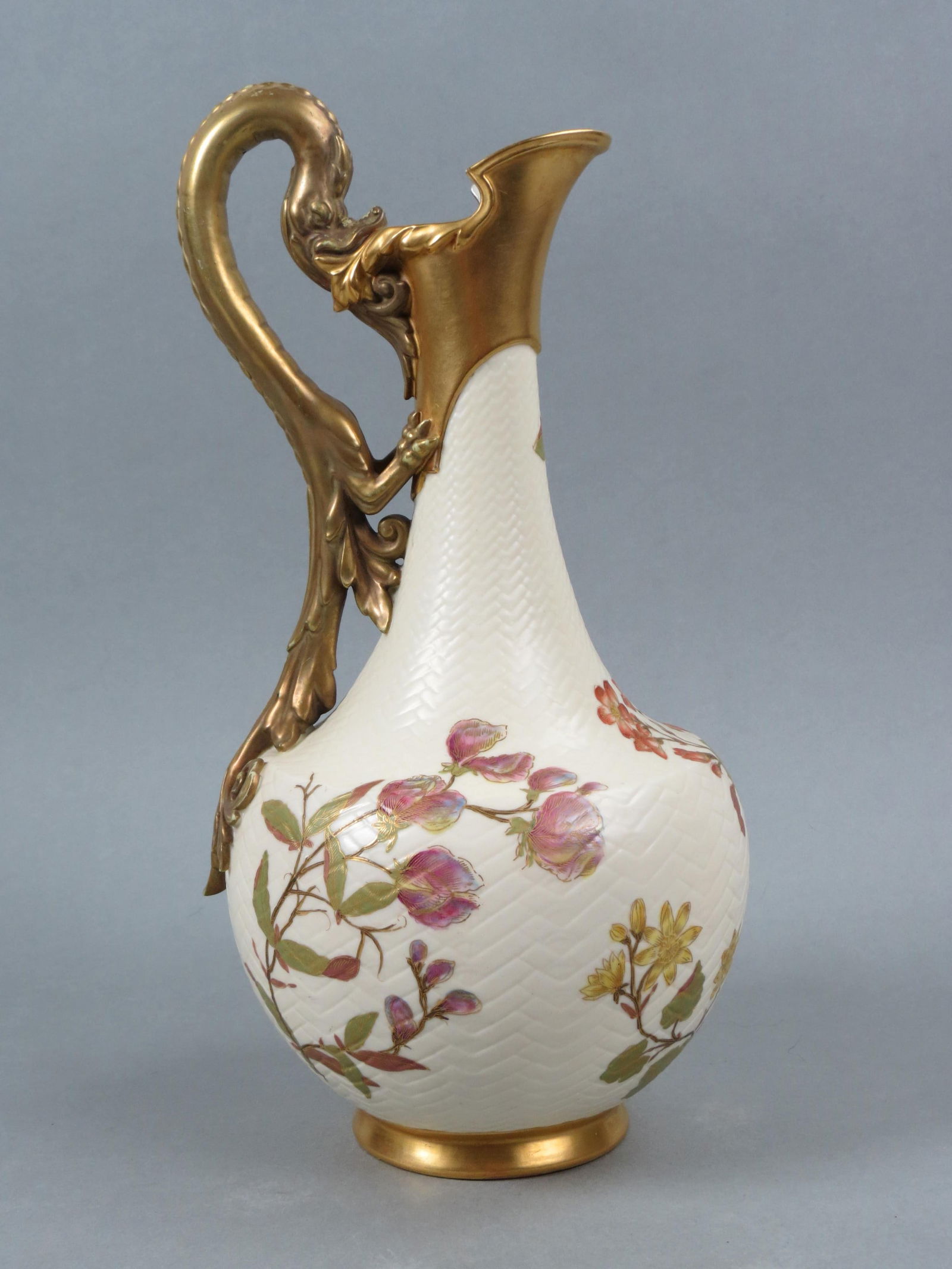 Royal Worcester Porcelain Pitcher, serpant handle with fine floral and gold work on ivory field, (1 of 5)