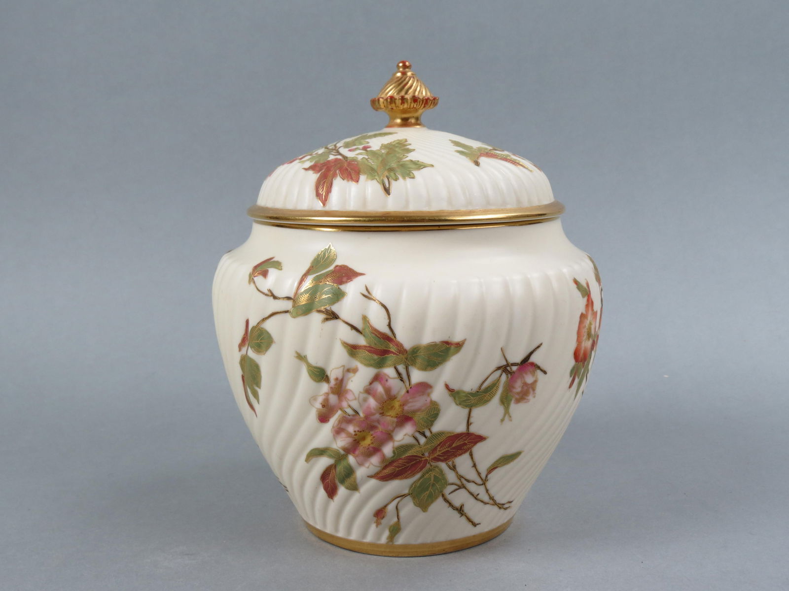 Royal Worcester Porcelain Biscuit Jar, fine floral and gold work on ivory field, twist  rib design (1 of 5)