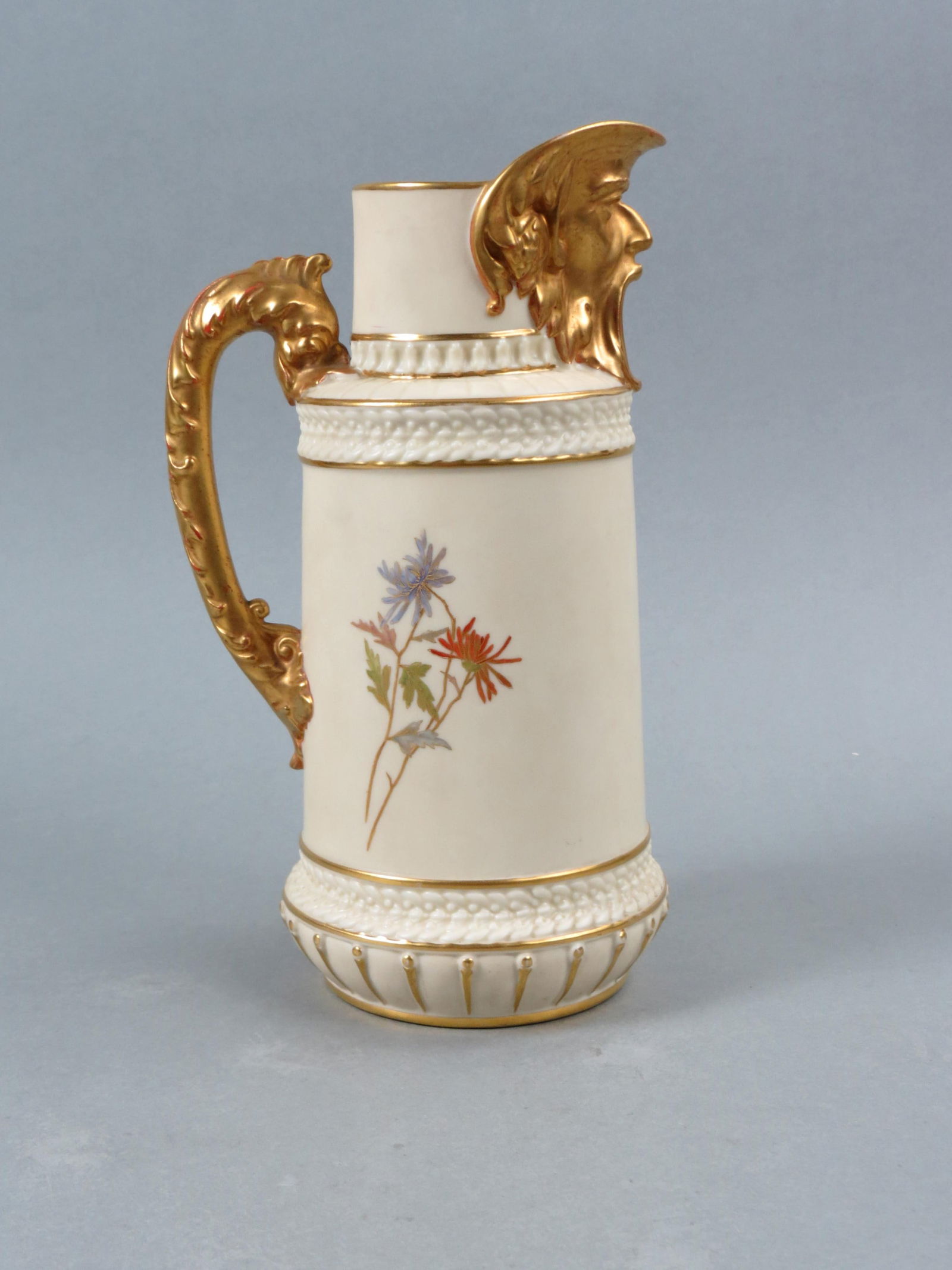 Royal Worcester Porcelain Pitcher, figural head spout, creature handle, fine floral  and gold work (1 of 6)