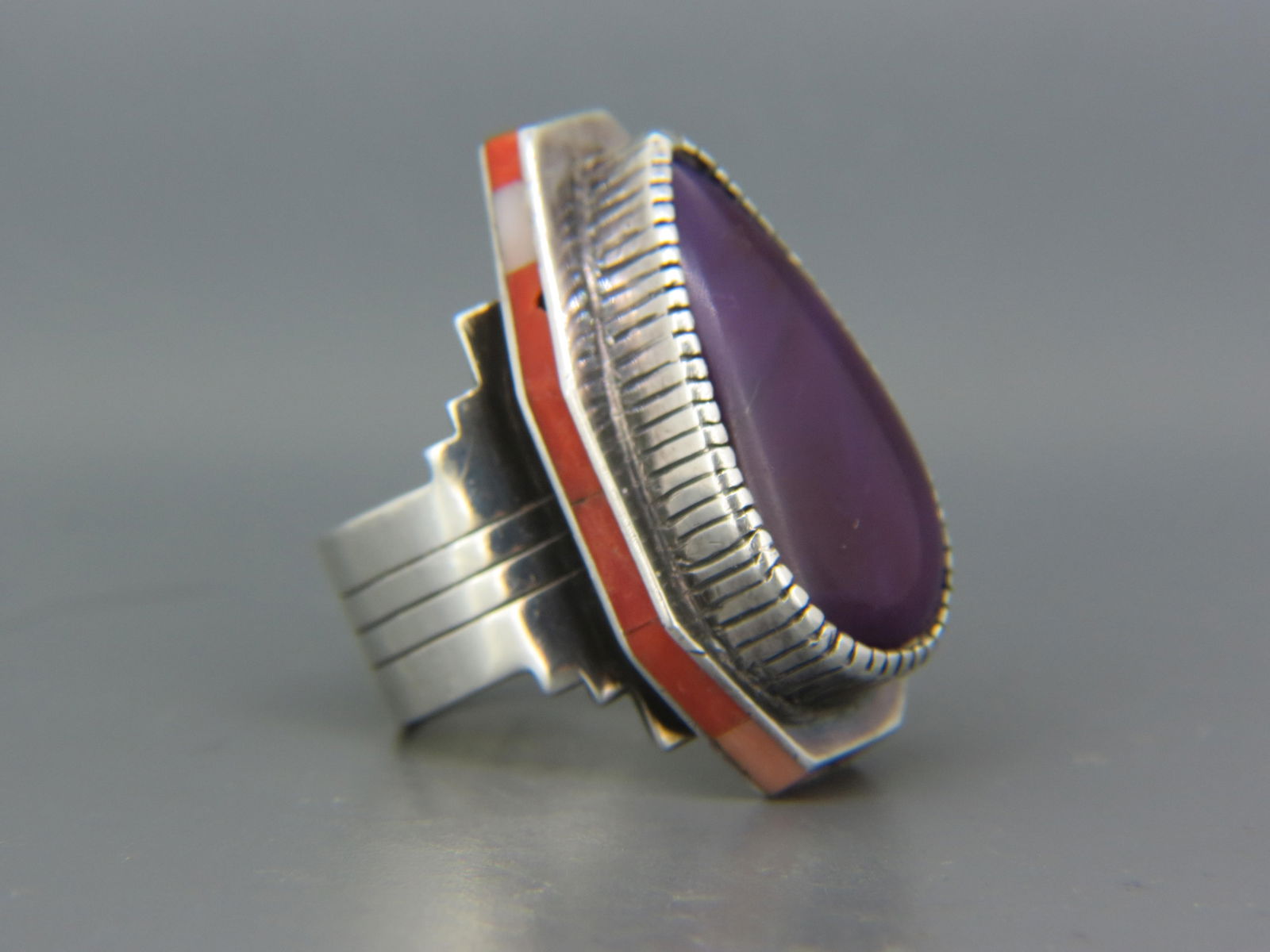 Native American Sugalite & Coral Sterling Ring, signed C.N.Z., large purple pear shape cabochon, (1 of 6)