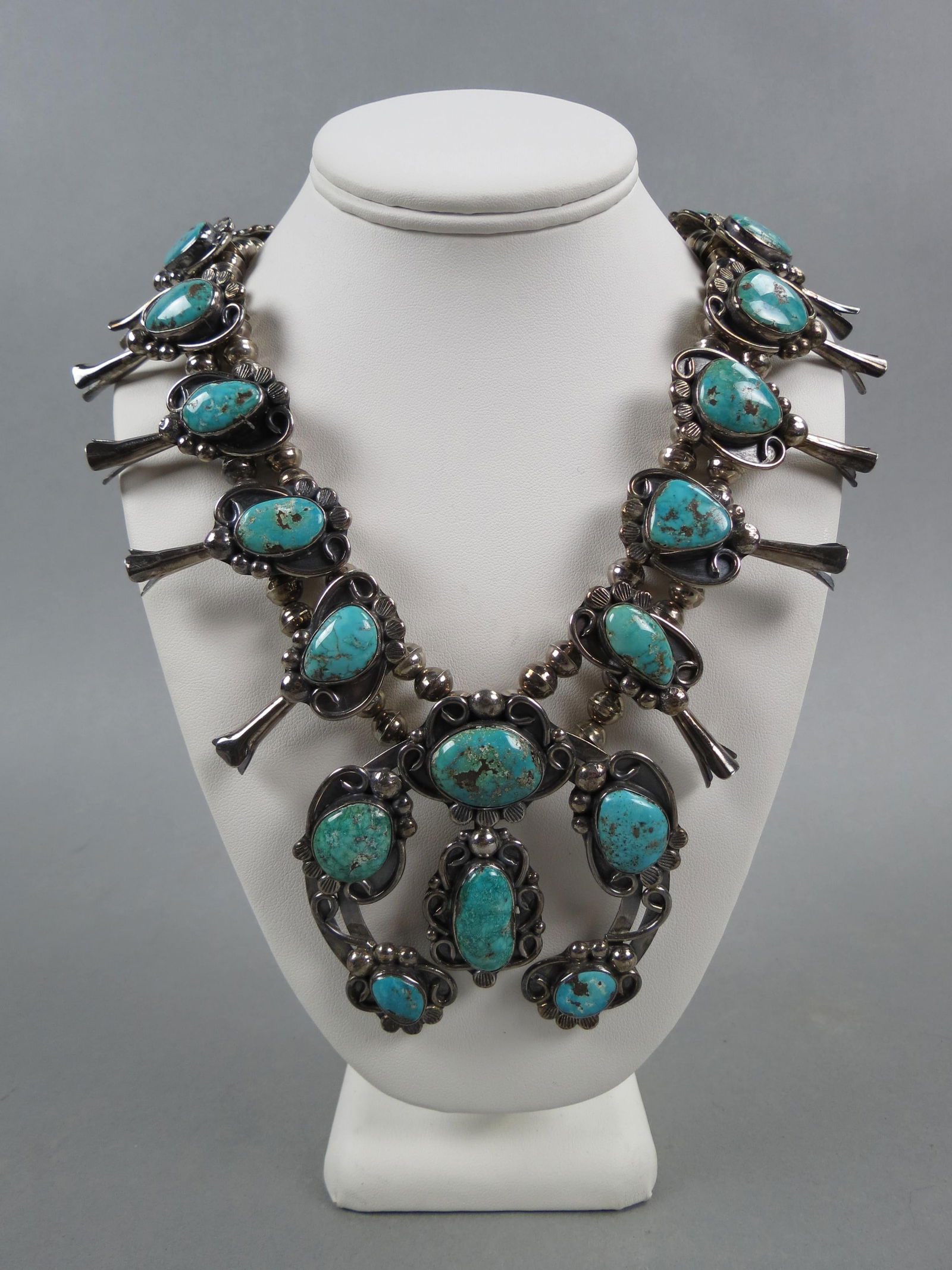 Navajo Turquoise Sterling Squash Blossom Necklace, fine quality blue cabochon cut turquoise, 12 (1 of 8)