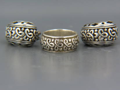 John Hardy Sterling Ring & Earrings, fancy design, ring is size 7, matching earrings are 7/8" long: John Hardy Sterling Ring & Earrings, fancy design, ring is size 7, matching earrings are 7/8" long with post and clip closures, 23 grams total, all signed.