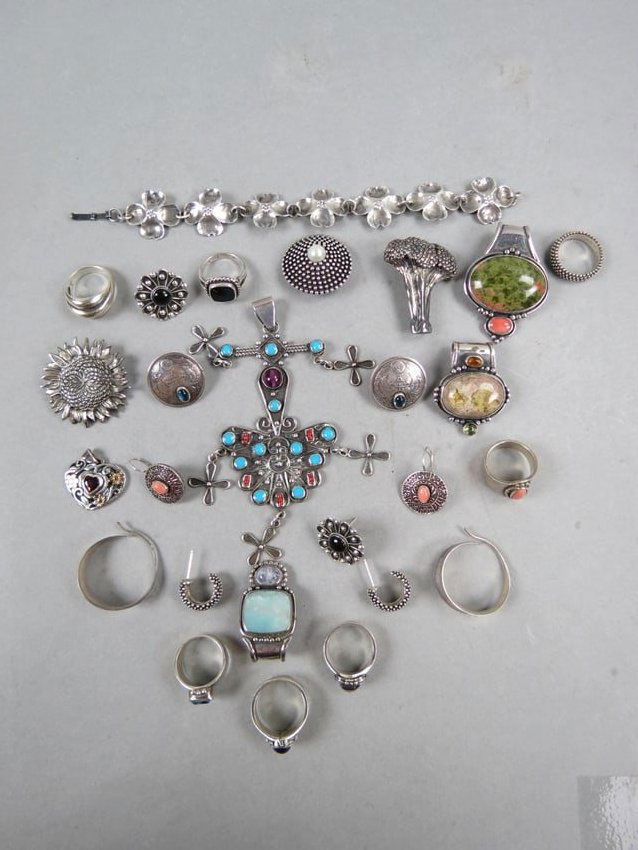 21 pcs. Sterling Silver Jewelry, includes Mexican, Stewart Nye bracelet, Nino pin  and ring, (1 of 11)