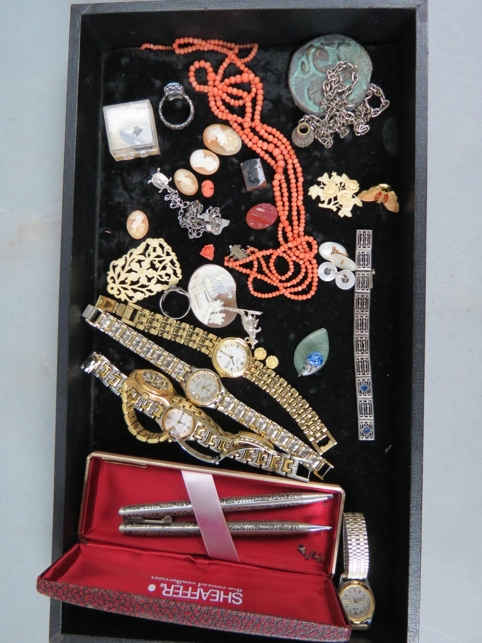 Tray Lot of Estate Jewelry; includes modern watches, antique coral bead  necklace, rings, loose (1 of 3)
