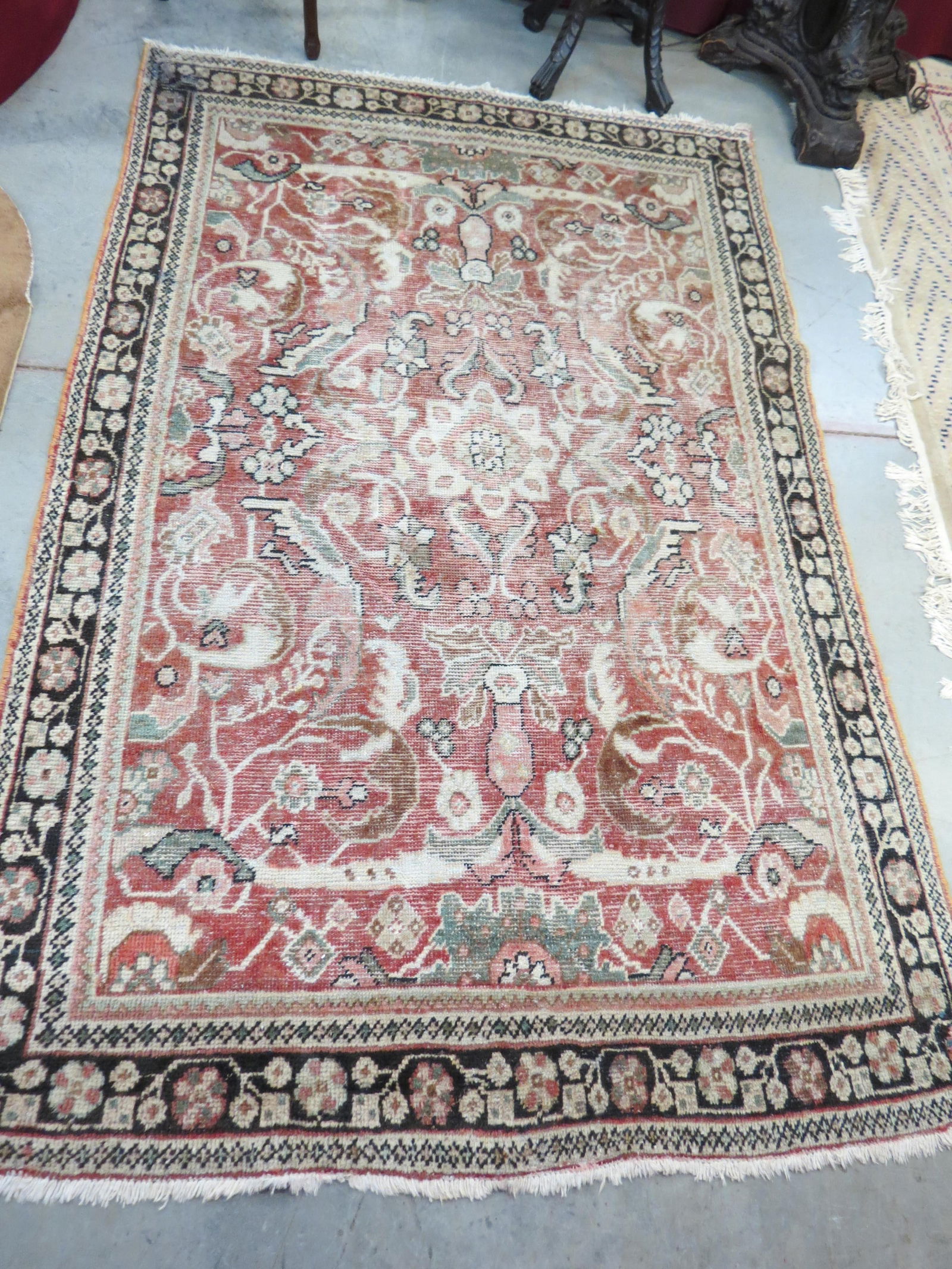 Hamadan Persian Handmade Rug, trailing vine, vases with flowers and more, salmon  field, 4'3" X (1 of 7)
