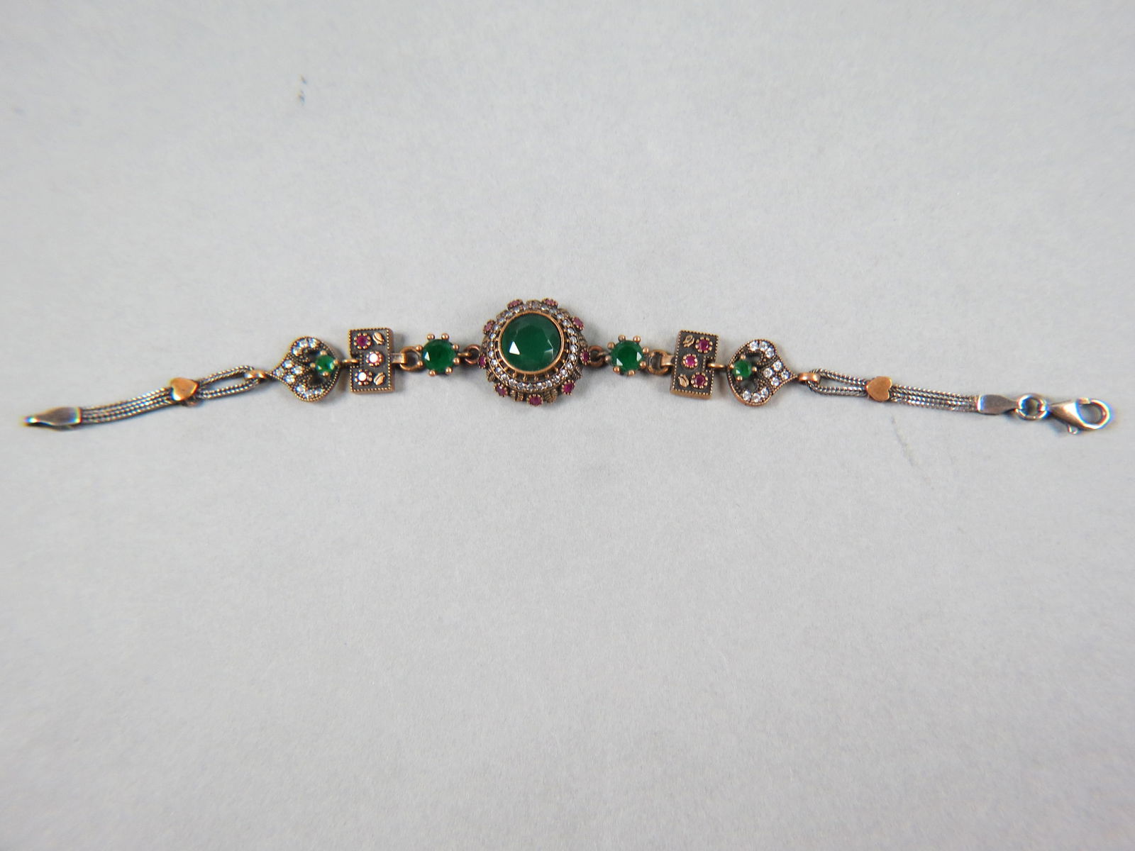 Silver & Mixed Metals Faux Gemstone Bracelet, with emeralds, rubies and daimonds (faux), 8"  long. (1 of 6)