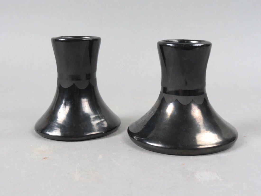 Pair of Santa Clara Pueblo Pottery Candlesticks, signed (1 of 5)