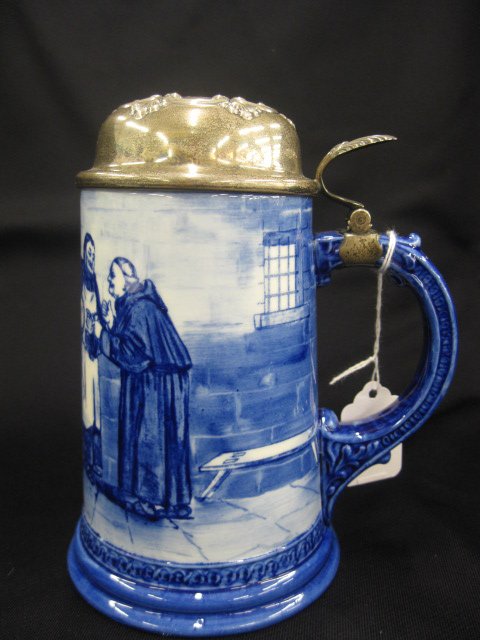Lenox Belleek Handpainted Porcelain Stein,: monks with keg, sterling silver top, early Ceramic Arts Company mark, 7" tall, excellent