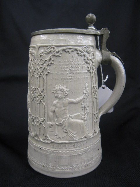 German Salt Glaze Pottery Stein, "Gambrin",: high-relief, pewter lid, circa 1840's, 9" tall