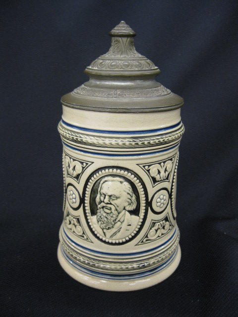 German Pottery Stein, unusual cameos with: portrait of Franz Xaver Gabelsberger who invented stenography, with stenography cameos, one each side of him, 7-1/4" tall, 1/2 liter