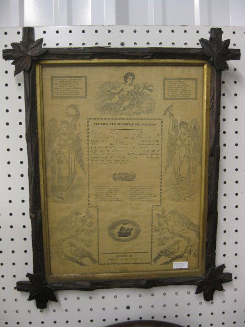 1840 Pennsylvania Fraktur, Berks County,: in carved twig frame....Fraktur is both a style of lettering and a highly artistic and elaborate illuminated folk art created by the Pennsylvania Dutch (also known as Pennsylvania Deitsch or Pennsylva