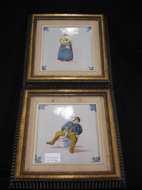 Pair of Delft Pottery Tiles, woman with: letter, seated man with stein, 5" square, framed