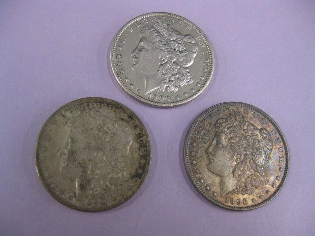 3 Morgan Silver Dollars,: 1890-0, 1896 & 1900-overall, X.F.