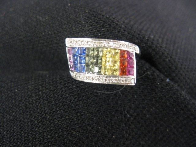 Sapphire & Diamond Ring,: 27 various colored gems totaling 1.75 carats and 26 diamonds totaling .15 carat in 14k white gold, currently sized 6-1/2, with appraisal of $1350.00