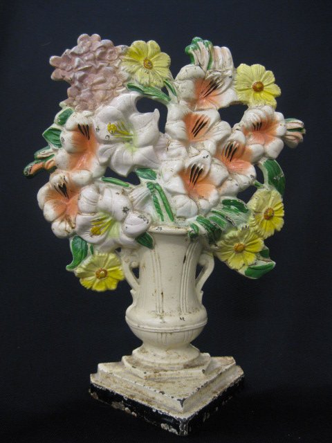 Cast Iron Figural Doorstop, flowers in an Urn,: 9-3/4" tall, original paint