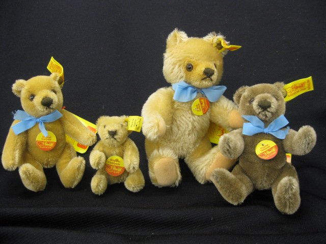 4 Steiff Teddy Bears, light brown & chocolate,: tallest 7", excellent