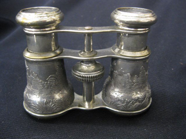 French Victorian Opera Glasses, fancy: engraved details of landscape with couple on swing, 4" wide