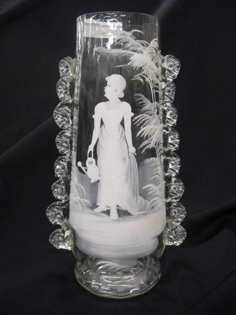 Mary Gregory Enameled Art Glass Vase,: maiden with water can in the woods, fancy applied trim, 9-1/2" tall, excellent..variety of glass produced in the United States toward the end of the 19th century...Mary Gregory actually worked for the