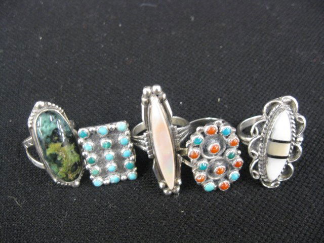 5 Indian Sterling Rings,: includes turquoise, abalone & more.
