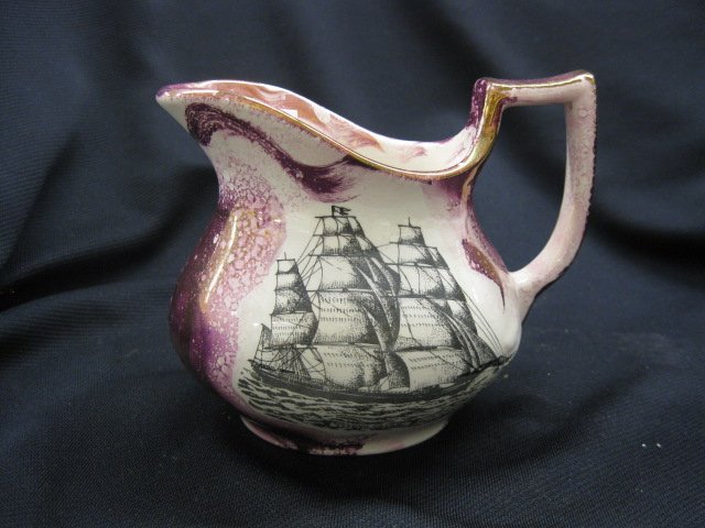 English Pink Lusterware Ironstone Pitcher,: sailing ship decor, 4-1/2" tall