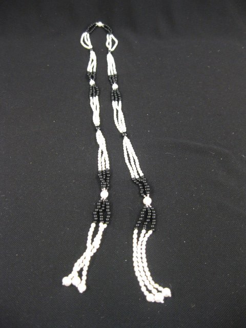 Pearl & Onyx Necklace,: flapper style, tassel ends, wrap around style, triple strand, 46" long.
