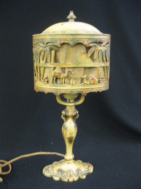 Deco Boudior Lamp, camel & oasis motif,: cloth lined oval shade on cold-painted metalwork, 14" tall