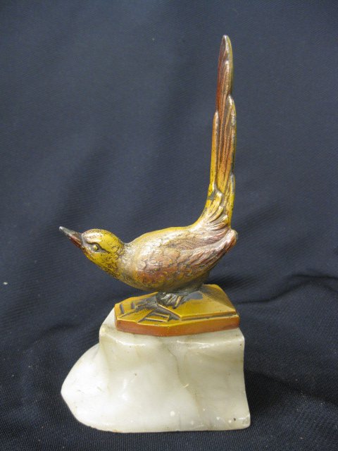 Deco Cold-Painted Iron Bird, alabaster base,: 7" overall