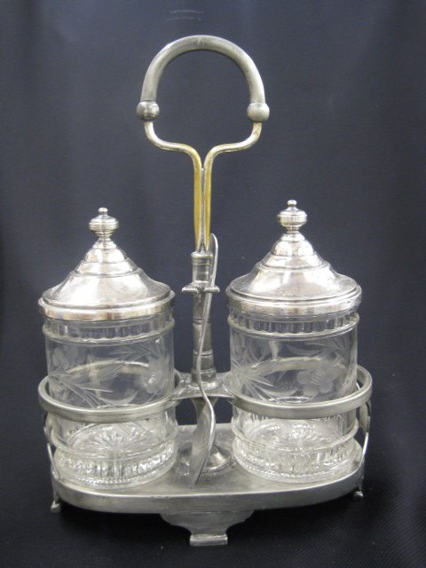 Pairpoint Silverplate Double Pickle Castor,: clear pattern glass inserts, 12" tall, Victorian