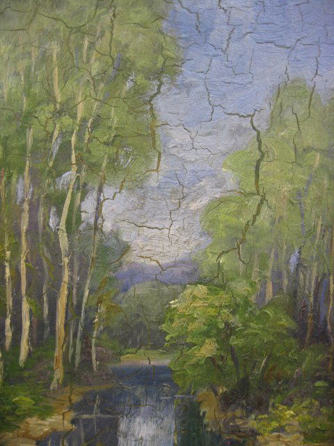 Raymond Woog, Oil, landscape with stream,: image area 10" x 7", well listed artist, on board....Raymond Woog was one of numerous students of the great artist and teacher Gustave Moreau. Raymond Woog painted genre paintings, landscapes and stil