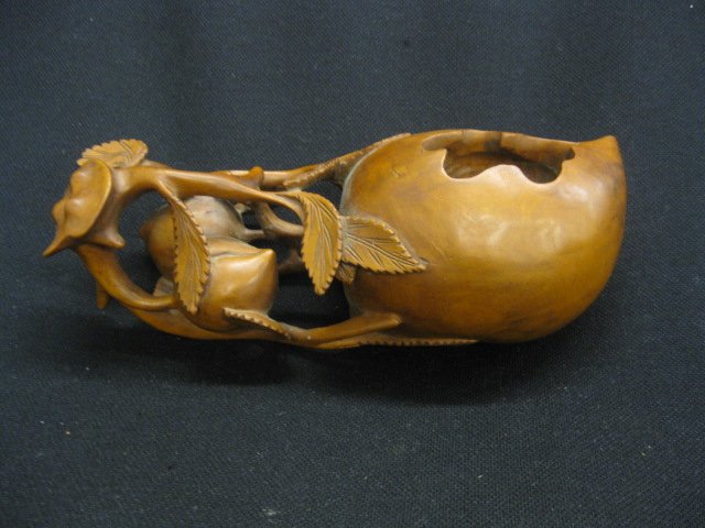 Chinese Carved Wooden Brush Washer,: fruit decor, 3" x 8 1/2", well carved.