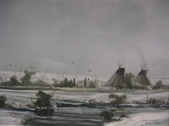 Thomas A. de Decker, Oil, indian encampment: in winter, "Snoqualmie Flats", on masonite, well listed artist, image area 12" x 17"....A traditional painter of the peaceful lifestyle of the western Indian before 1880, he was born in 1951, in Apple