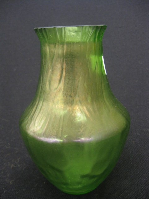 Loetz Art Glass Vase,: iridescent green, textured, 5 3/4", excellent.
