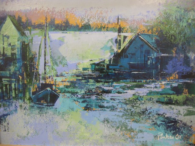 Parker Lee, Oil, harbour scene, on masonite,: harbour scene, on masonite, well listed artist, image area 12" x 16".....Leo Leibsohn was born in Cedar Rapids, Iowa on November 2, 1924. His father, Nate Leibsohn, was born in Czarist Russia in 1890,