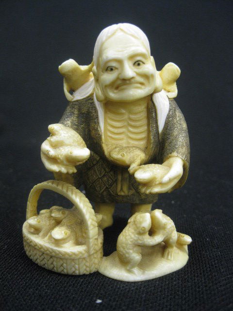 Chinese Carved Ivory Figurine of an Old Man: with large group of frogs, including dancing frogs & frogs in basket, fine polychrome outfit, 3", signed, excellent.