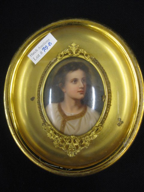 Miniature Painting on Ivory of Young Christ,: oval, image area 2 1/2" x 3 1/4", in gold shadow box frame.