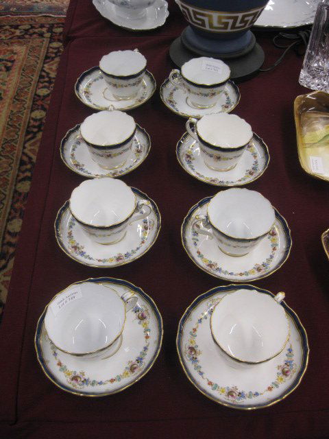 8 Meissen Porcelain Cups & Saucers,: handpainted floral garland with cobalt rim and gold trimwork, crossed swords mark, excellent, demitasse size.