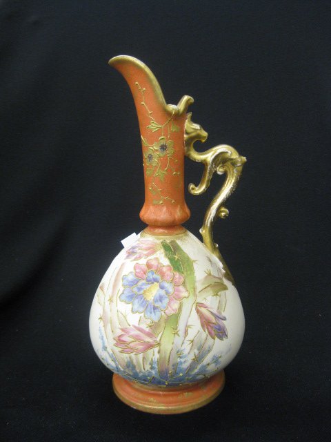 Royal Bonn Porcelain Ewer, fancy floral,: raised goldwork and serpent handles, circa 1890, 11 1/2", excellent.