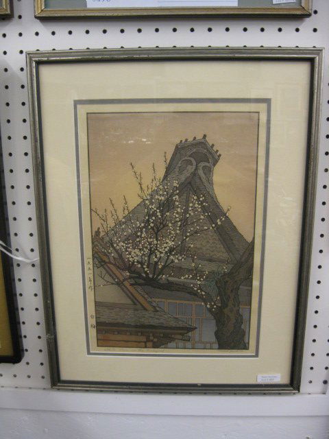 Toshi Yoshida Woodblock Print, cherry blossoms: by temple gate, image area 10 1/2" x 15"....Toshi Yoshida was an artist of great breadth and vision. Though known primarily for his woodblock prints, he was also a remarkable painter and illustrator.