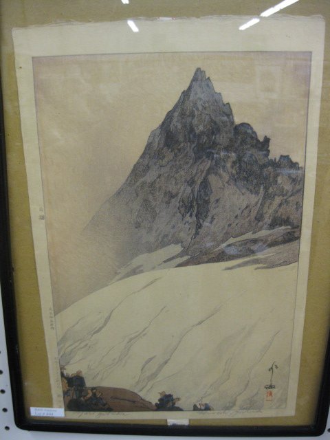 Hiroshi Yoshida Japanese Woodblock Print, mountain: mountain climber, image area 10 1/2" x 14 1/2".