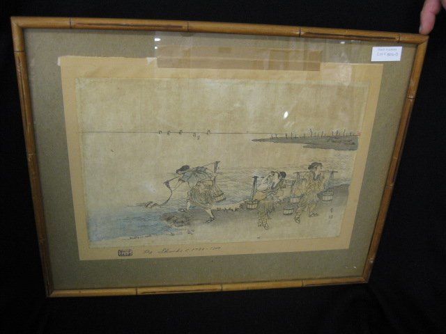 Shunko Japanese Woodblock, fetching water, 1780-1: fetching water, 1780-1800, image area 13 1/2" x 9"...Katsukawa Shunk¨­ I („Ù´¨ ´ººÃ?, 1743 - December 1, 1812) was a designer of ukiyo-e style Japanese woodblock prints in Edo (Tokyo). He w