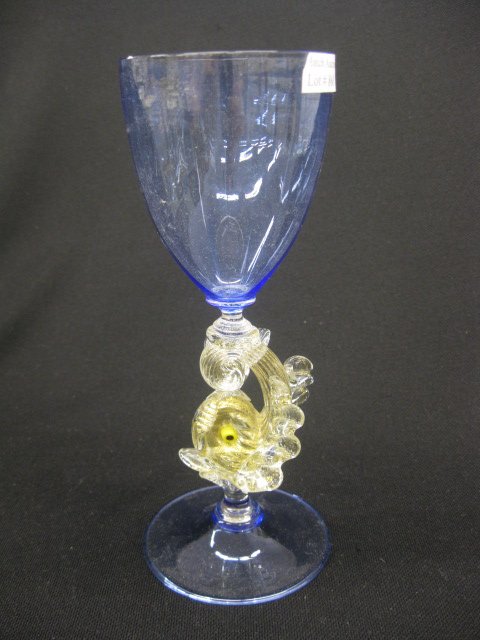 Venetian Art Glass Wine, scarce alexandrite glass : scarce alexandrite glass with figural dolphin stem, 7 7/8", excellent.