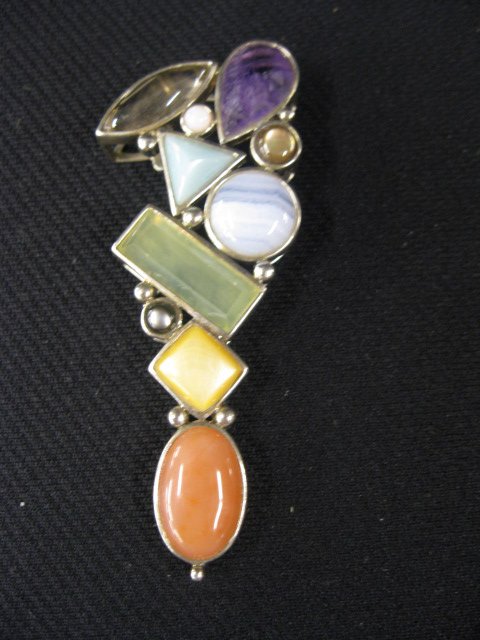 Gemstone Pendant, amethyst, citrine, agate,: amethyst, citrine, agate, abalone, quartz & more in desgner style sterling silver setting, 3" long, 24 grams.