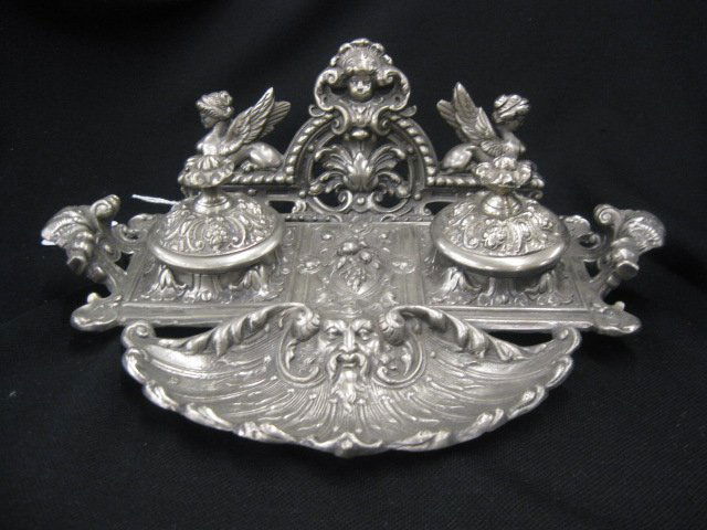 Victorian Cast Iron Inkstand,: double well, elaborate scenes of gods, winged creatures & more, nickel finish, circa 1890, 11" wide, 7" tall, excellent.